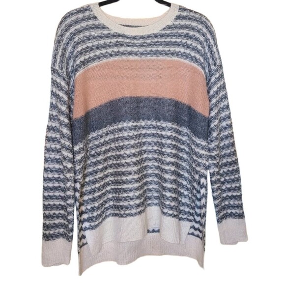 Hem and Thread Size Large Cream Gray Wavy Stripe Crewneck Pullover Sweater NWOT - Picture 1 of 5